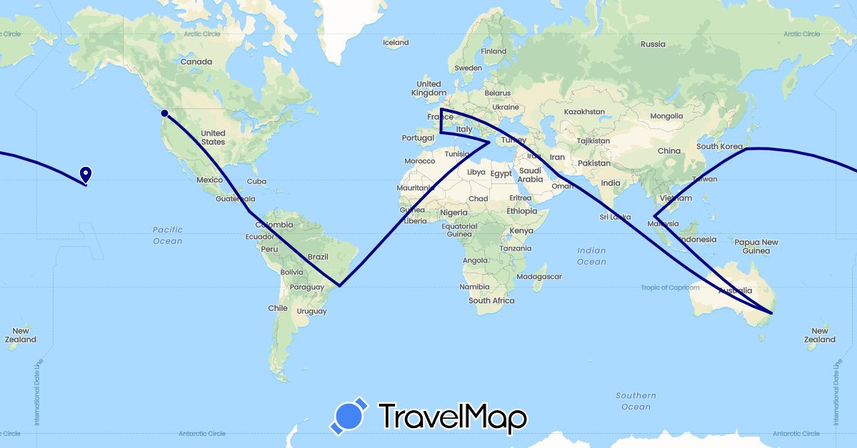 TravelMap itinerary: driving in United Arab Emirates, Australia, Brazil, Costa Rica, Spain, France, Greece, Japan, Thailand, United States (Asia, Europe, North America, Oceania, South America)